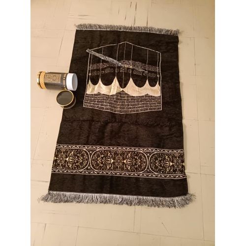 Black Eid Ramadan Muslim Portable Prayer Rug Mat and Tasbih with Elegant Cylinder Gift Box